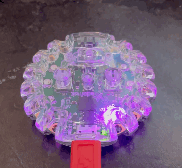 CPX hw.n01, question #8, showing an example of what answering the question might look like, neopixels lighting up in sequence and the turning off in sequence