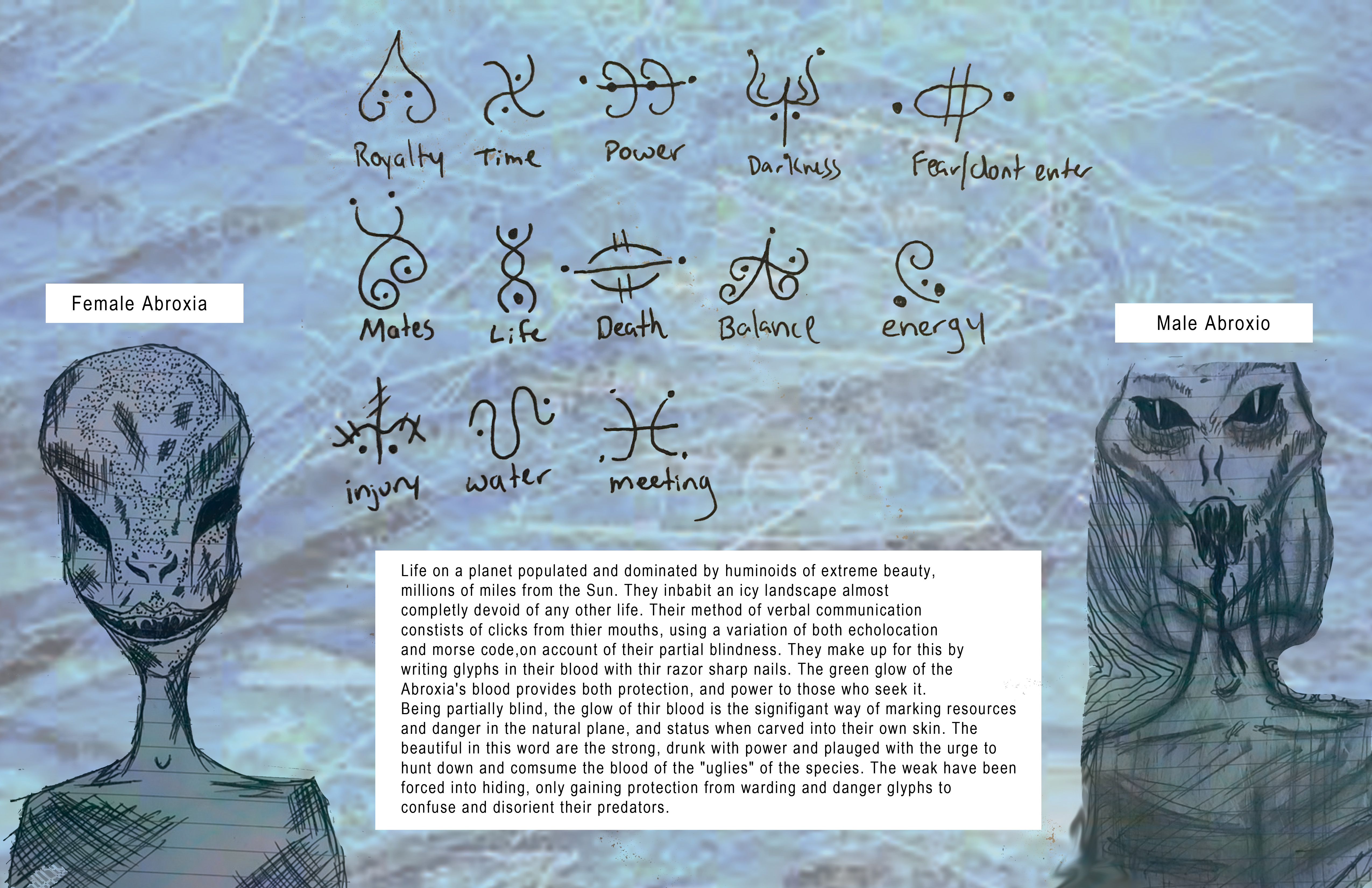 Image of Cyrene Moore's Abroxia Markings project for Imagined Genesis showing glyphs incised into alien's skin